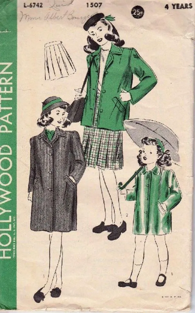 Hollywood 1507 Young Girls Raincoat and Pleated Skirt Vintage Sewing Pattern 1940's