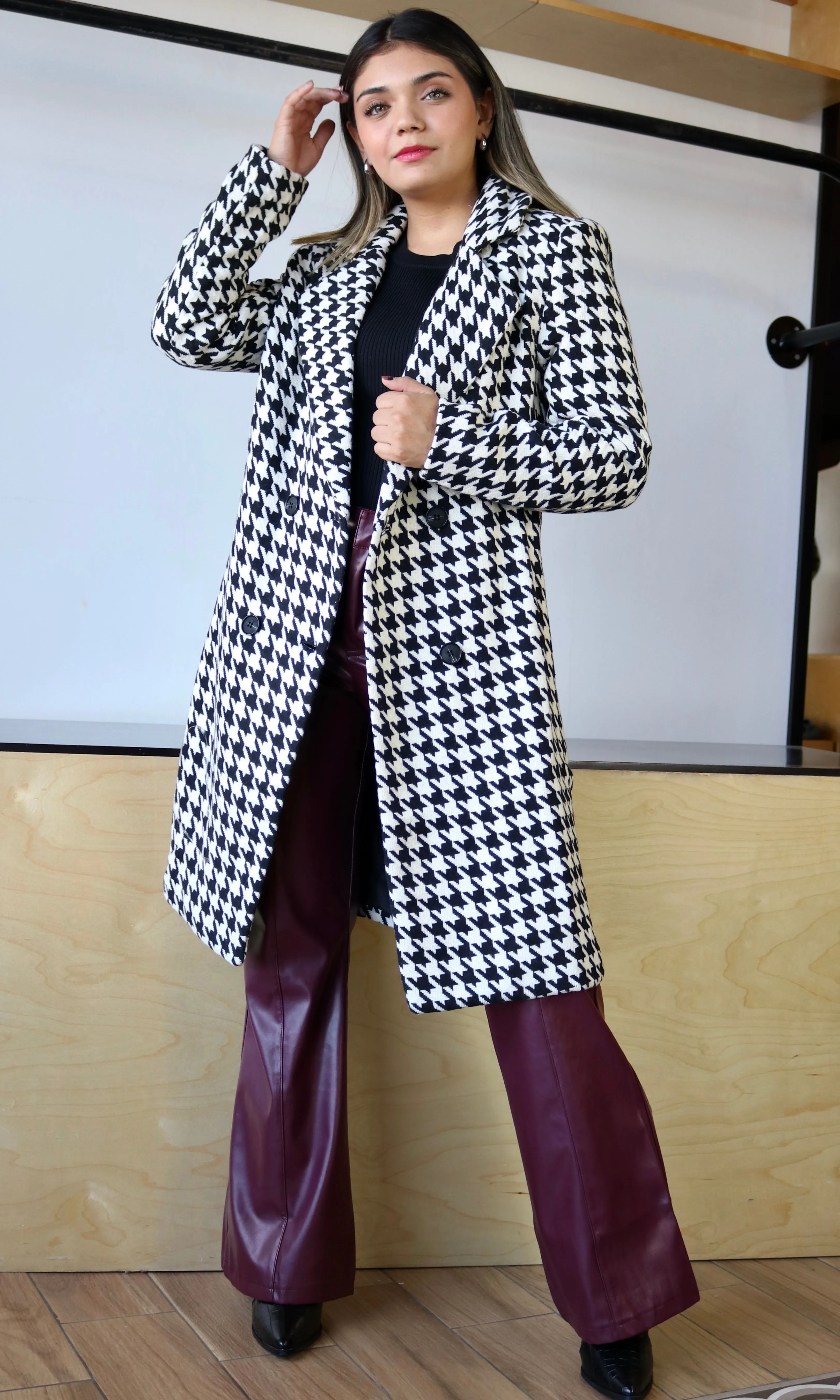 Houndstooth Double Breasted Long Coat