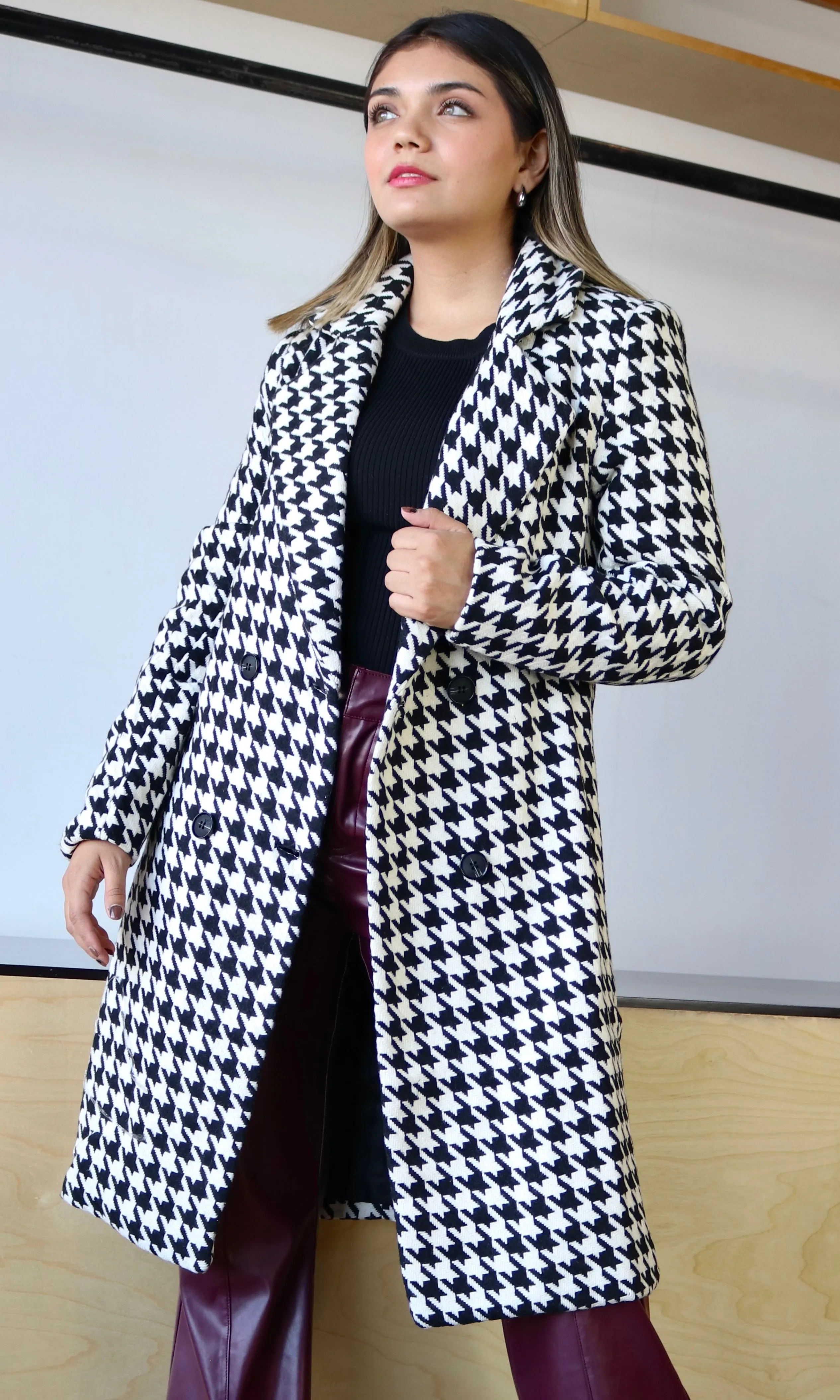 Houndstooth Double Breasted Long Coat