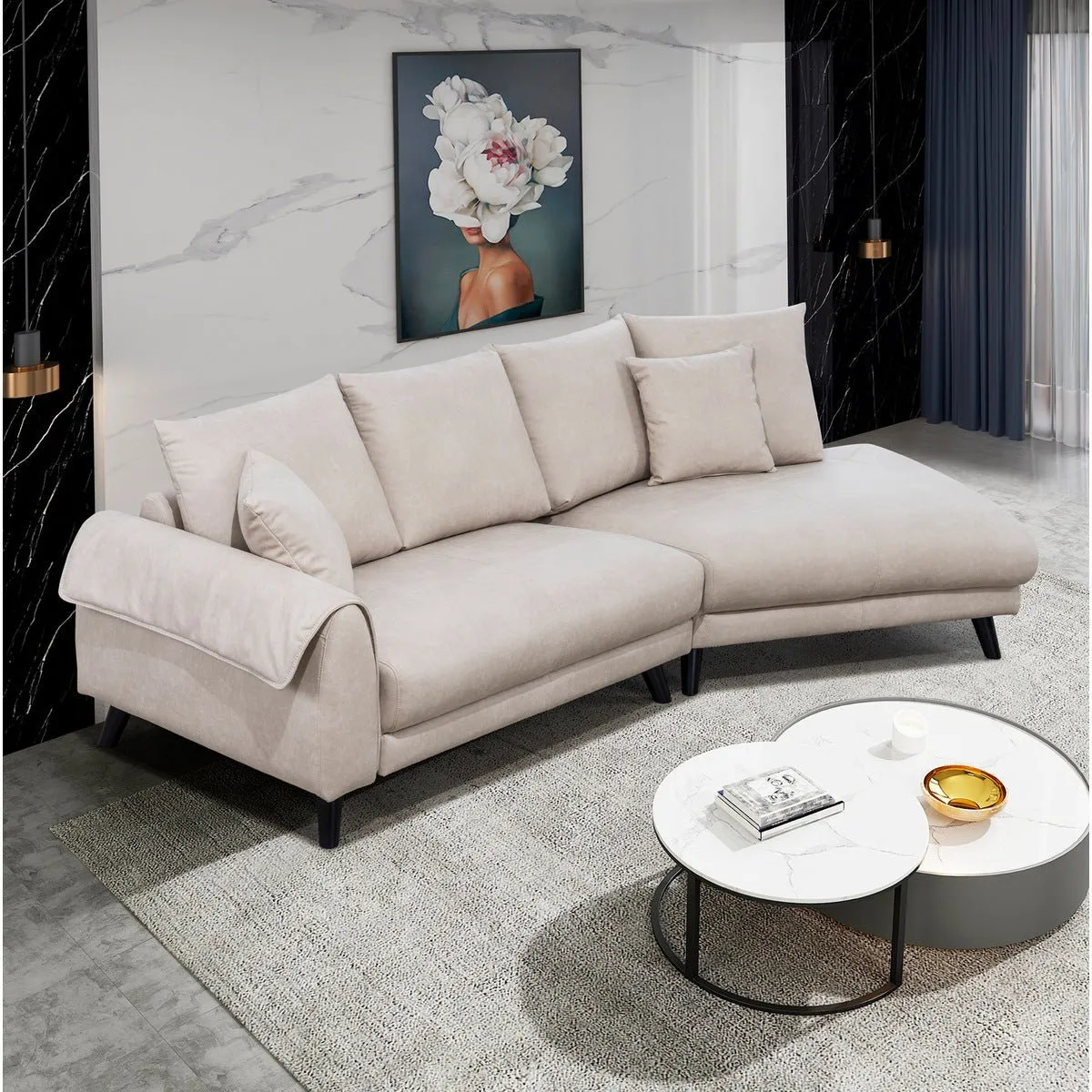 Isolde Ivory Sectional with Right Side Chaise & 2 Pillows