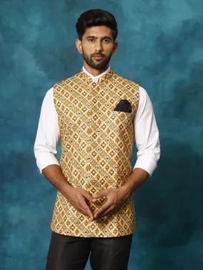 Jashvi Yellow Geometric Print Embellished Nehru Jacket