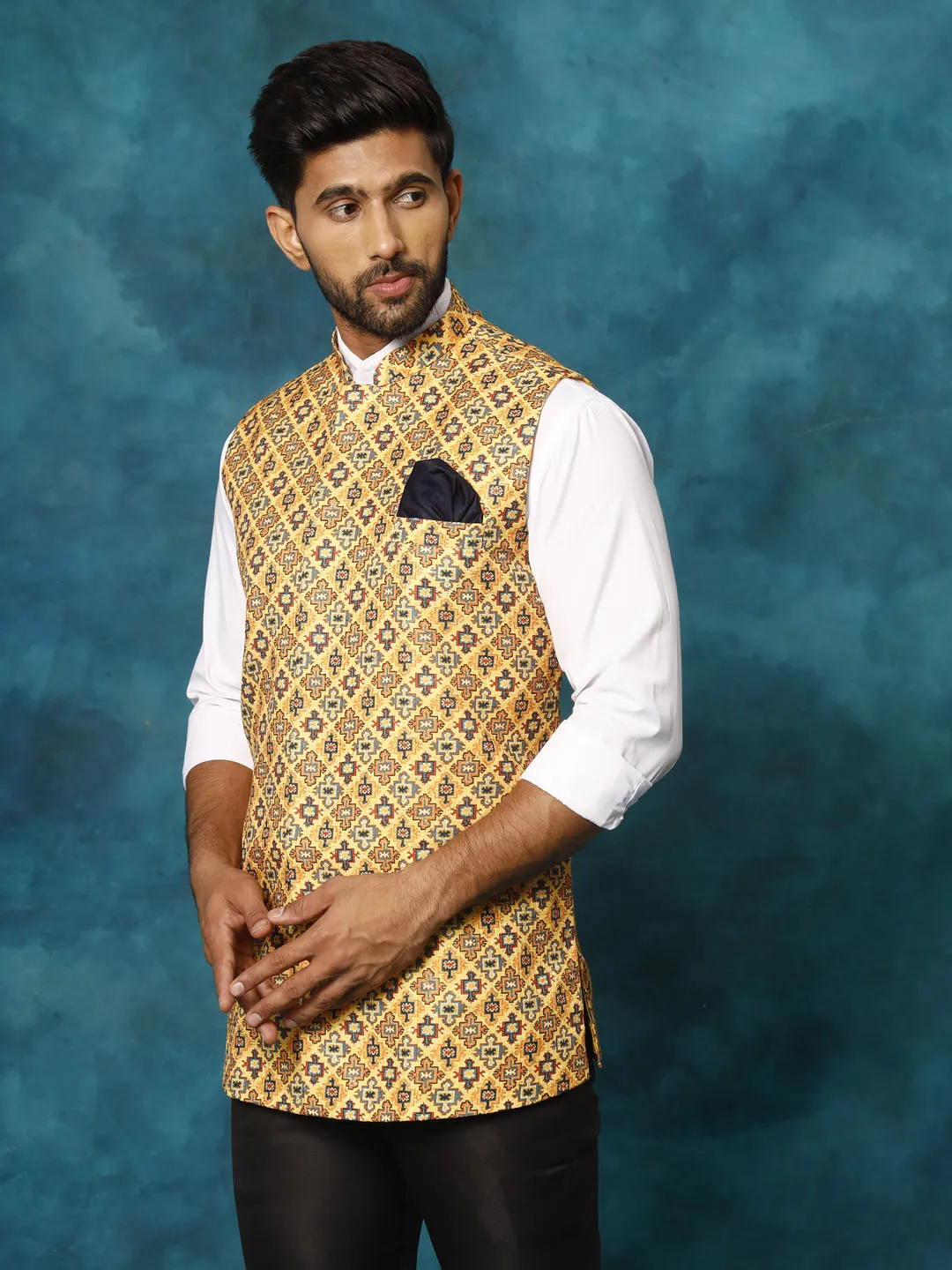 Jashvi Yellow Geometric Print Embellished Nehru Jacket