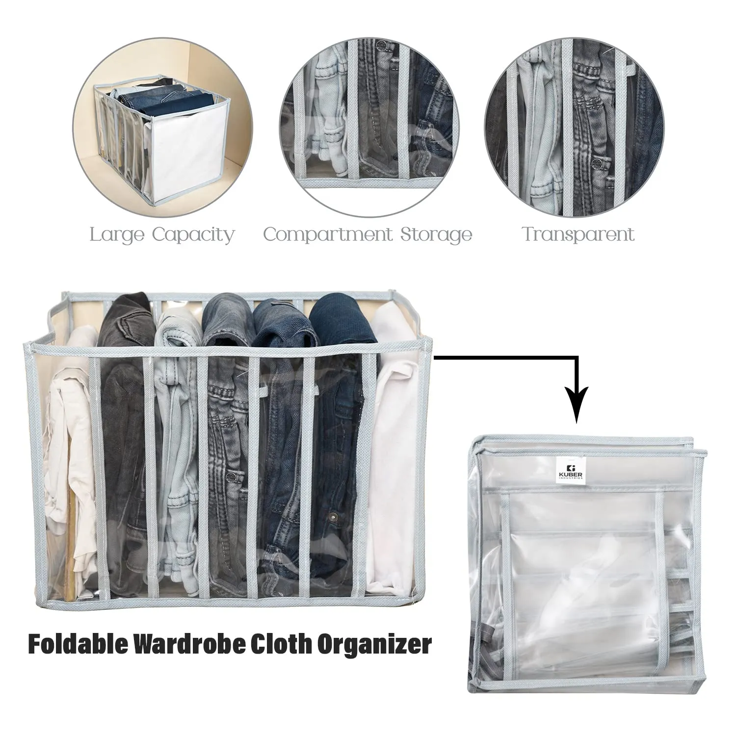 Kuber Industries Wardrobe Cloth Organizer | PVC .40mm Drawer Organizer | 7 Grids Foldable | Clear Transparent for T-shirts | Trousers | Socks | Pack of 4 | Gray