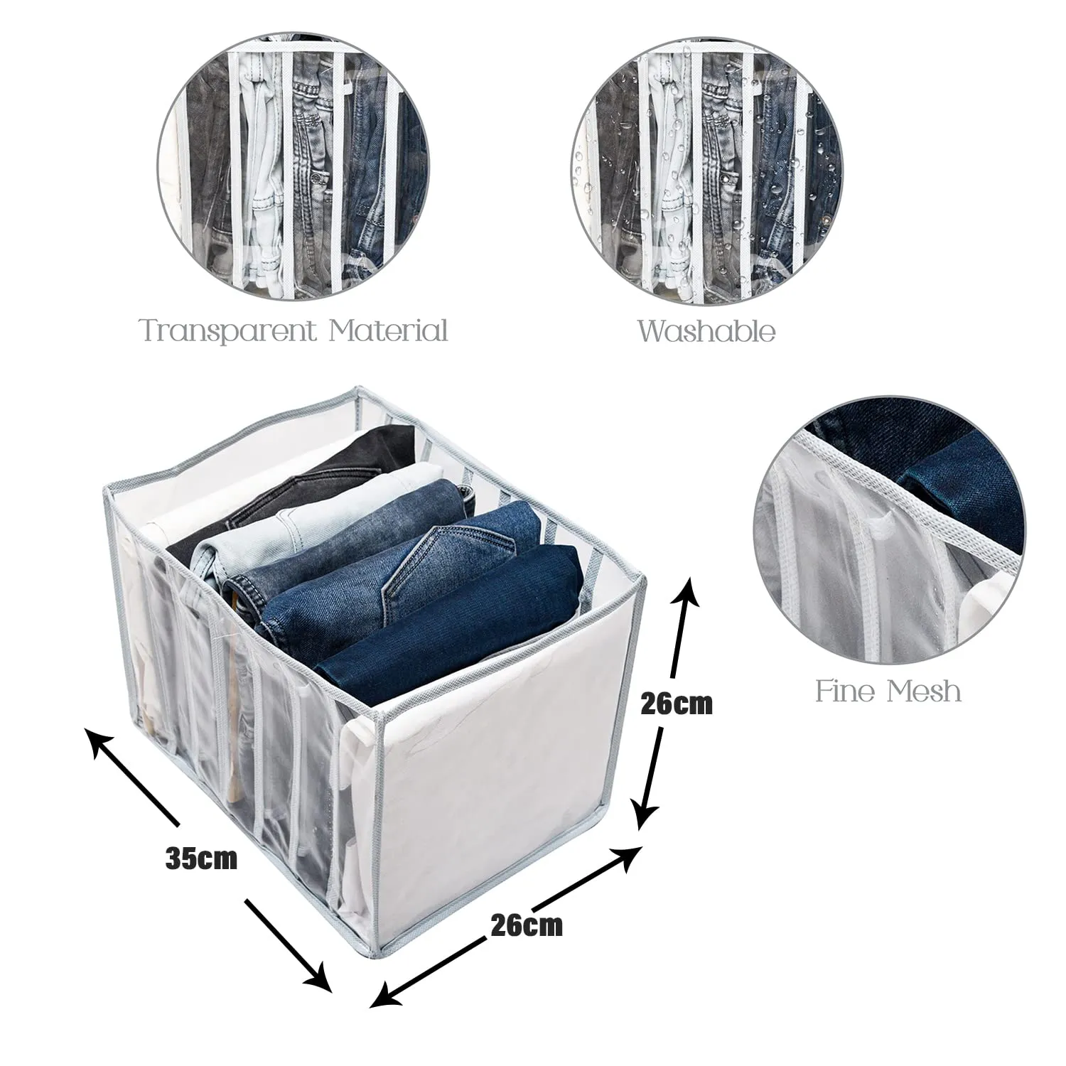 Kuber Industries Wardrobe Cloth Organizer | PVC .40mm Drawer Organizer | 7 Grids Foldable | Clear Transparent for T-shirts | Trousers | Socks | Pack of 4 | Gray