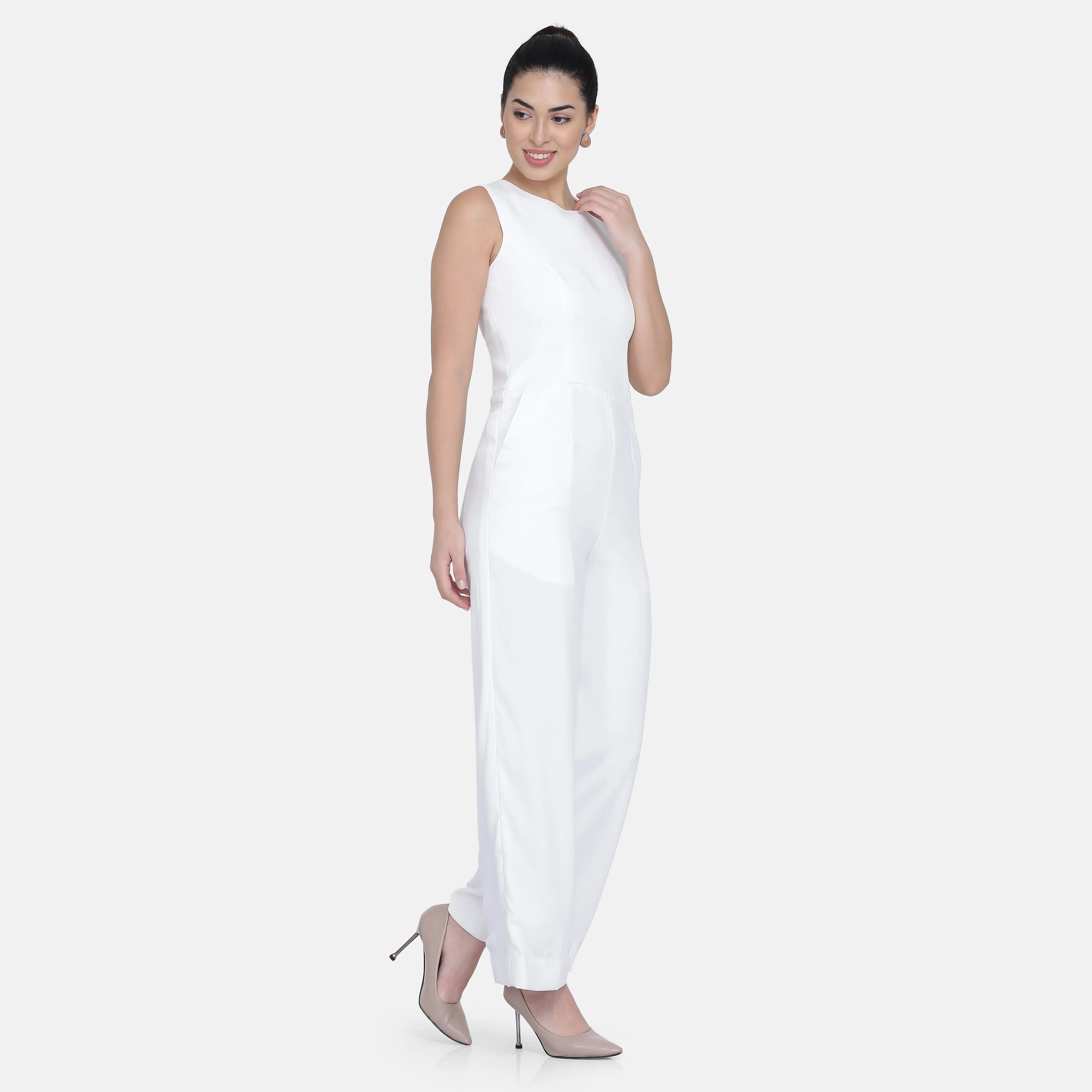 Ladies Office Poly Crepe Lined Jumpsuit - White