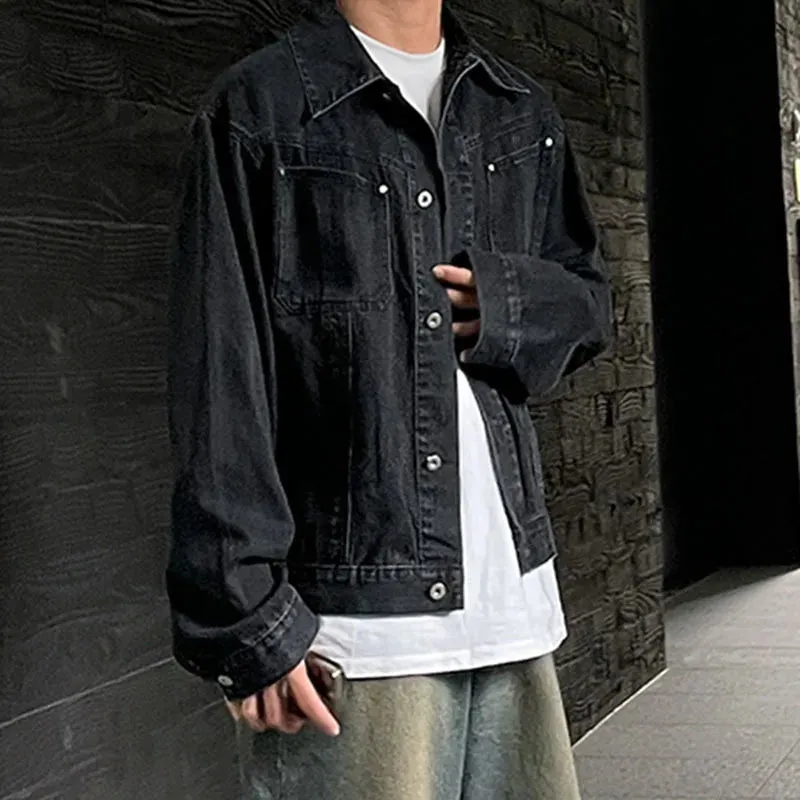 Lapel Denim Jacket Men's Spring Summer Loose Korean Style Trend Single Breasted Male Clothing Solid Color Quilting 9C5017