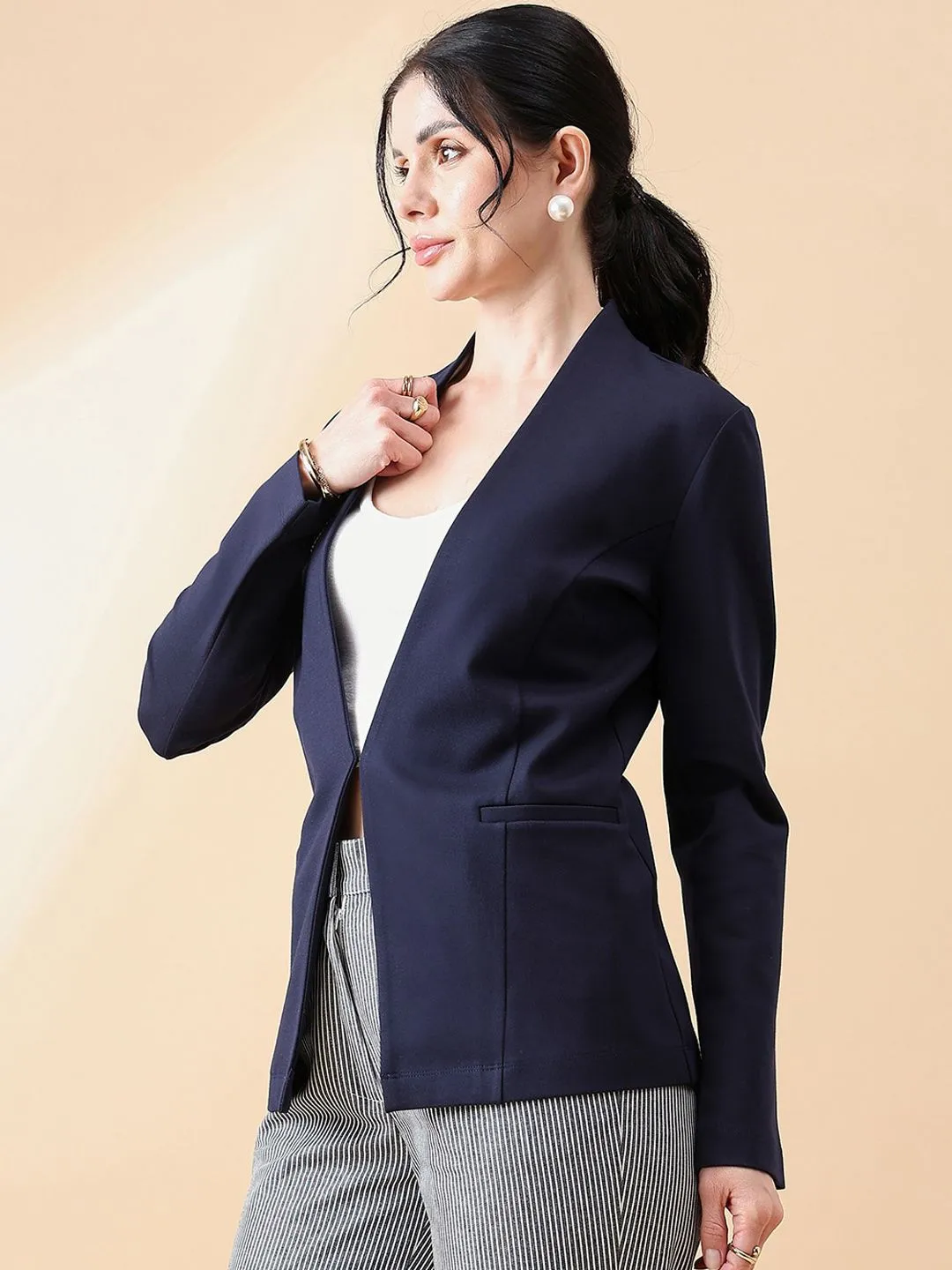 Lapel less Stretch Blazer- Navy