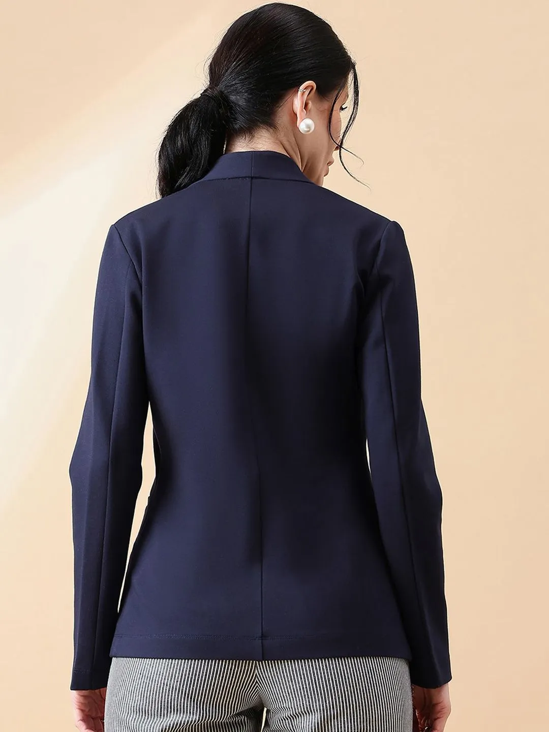 Lapel less Stretch Blazer- Navy