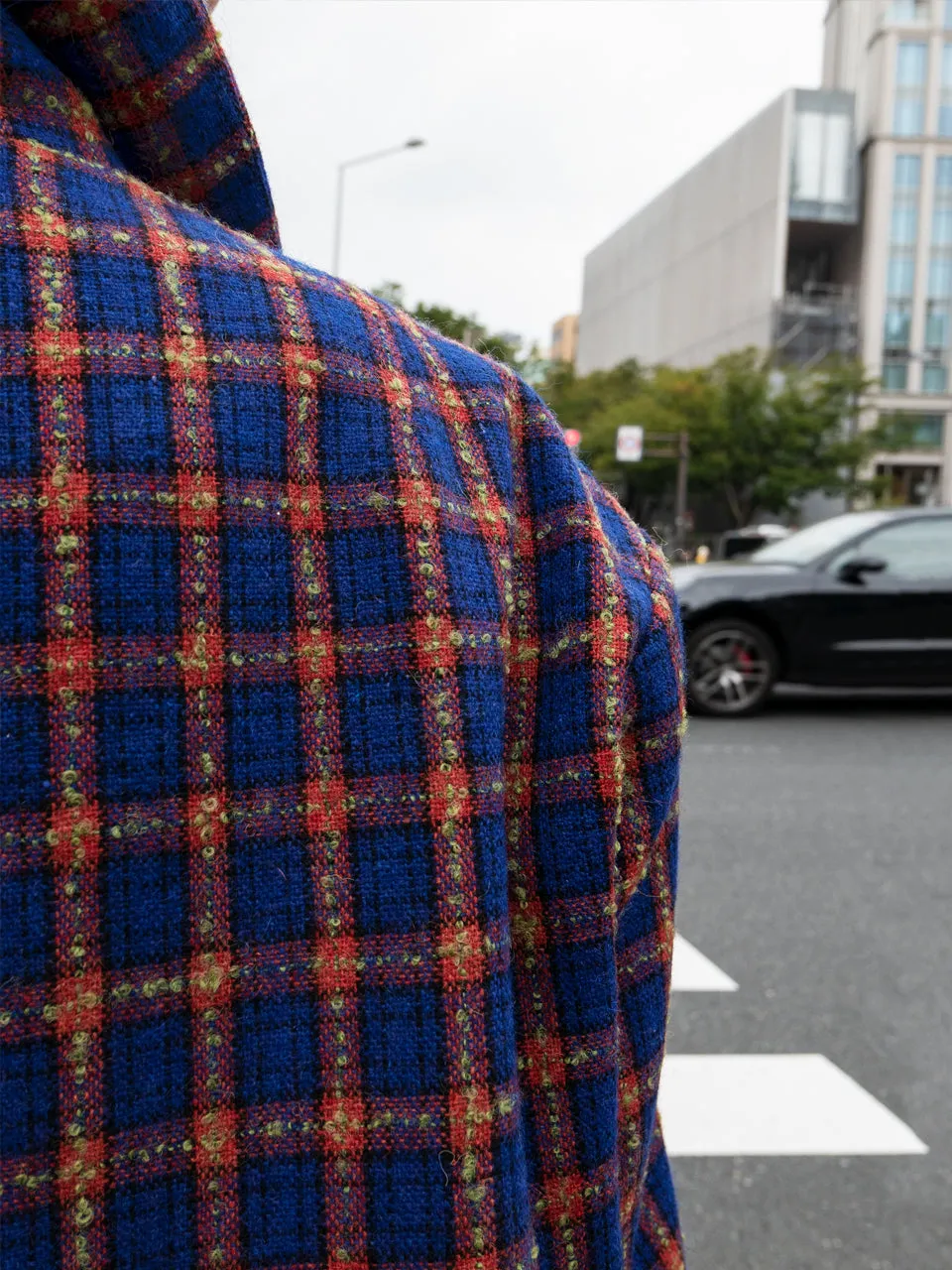 Last Chance! Blue Check Drop Shoulder Relaxed Fit Ruffle Trimmed Wool Blazer