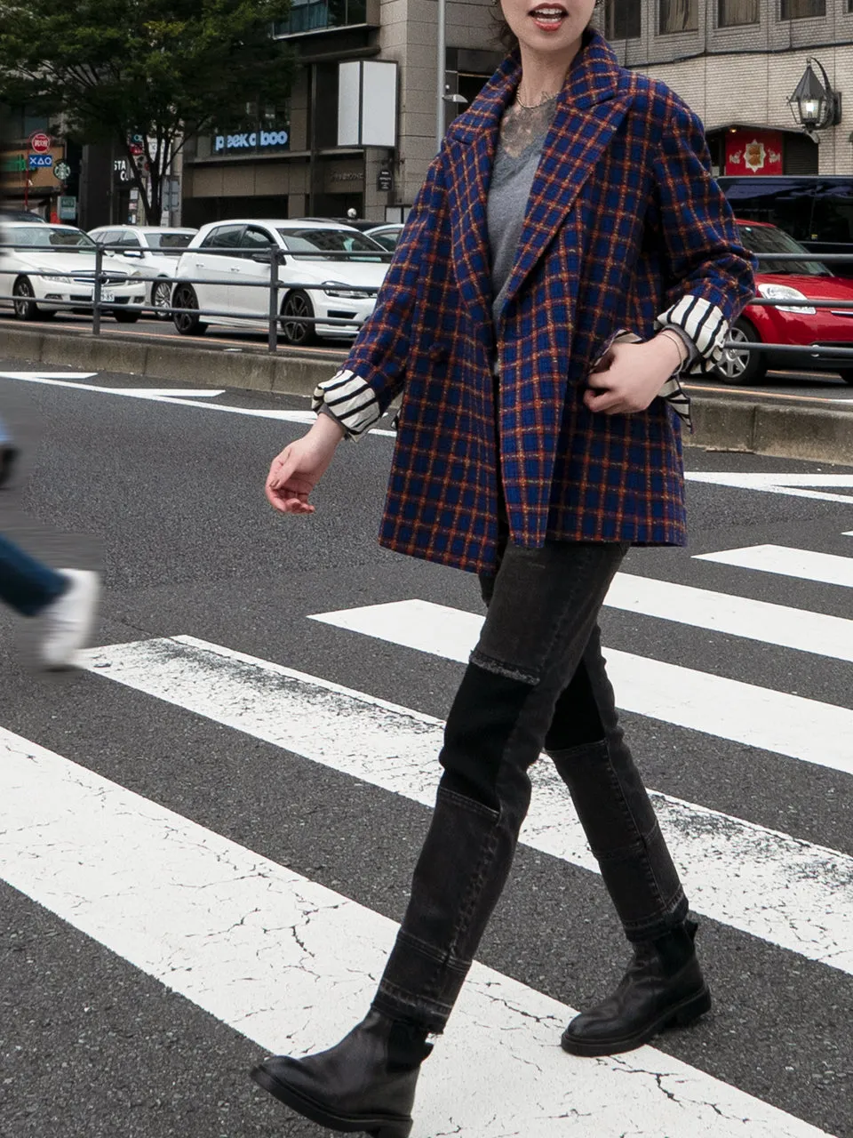 Last Chance! Blue Check Drop Shoulder Relaxed Fit Ruffle Trimmed Wool Blazer