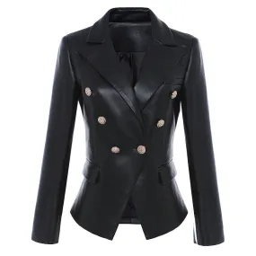 Leather Lion Head Metal Buckle Double-Breasted Blazer Leather Coat