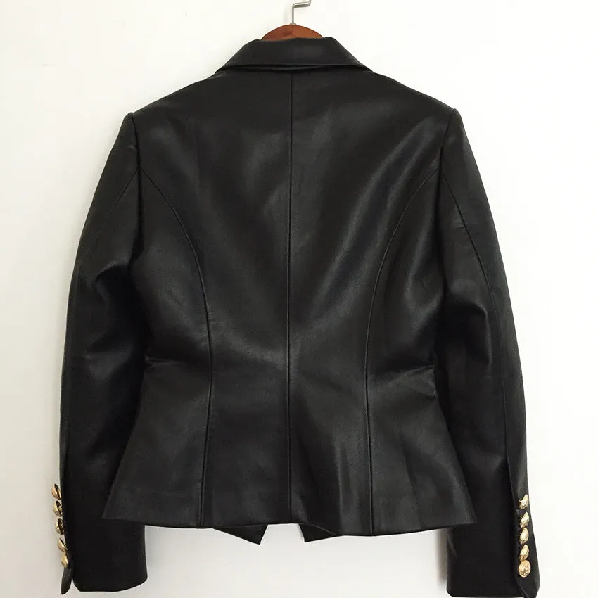 Leather Lion Head Metal Buckle Double-Breasted Blazer Leather Coat