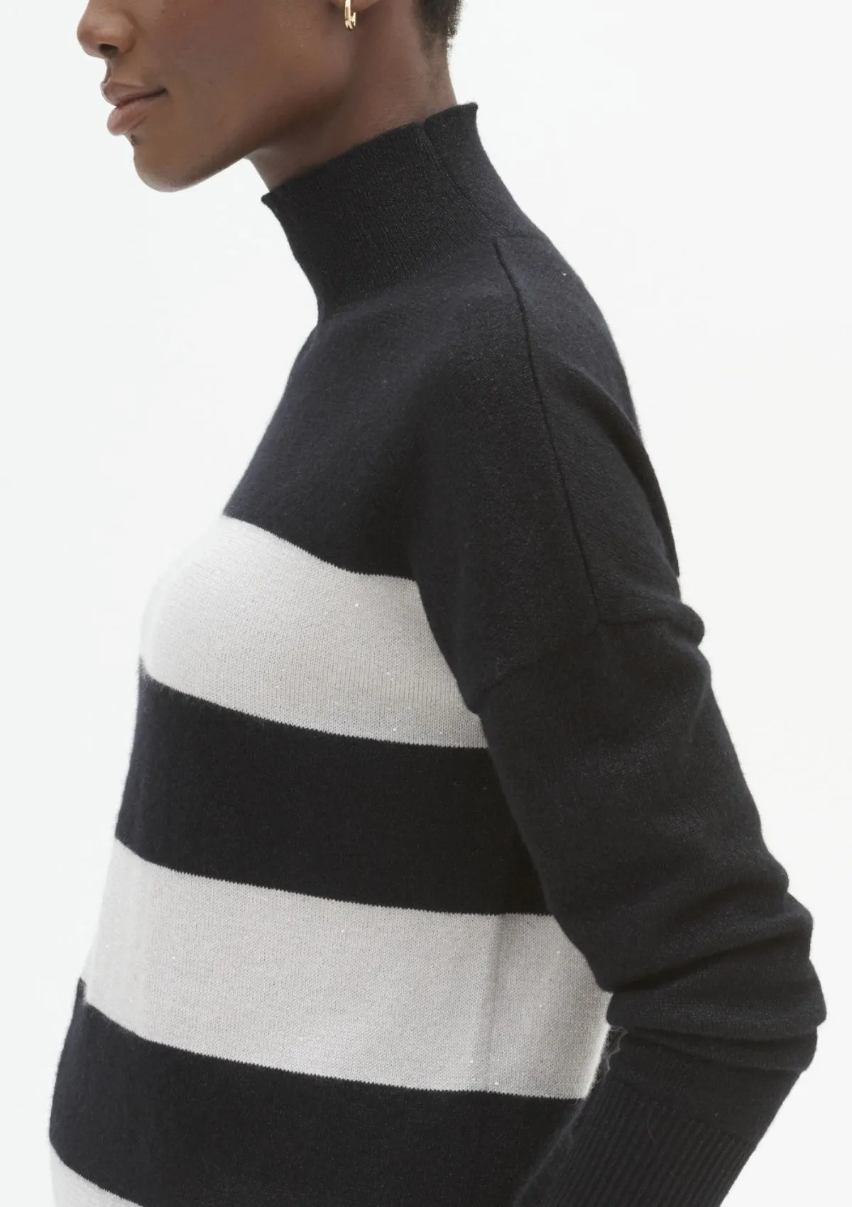 Lofty Relaxed Turtleneck Sweater in Black Sparkle Stripe