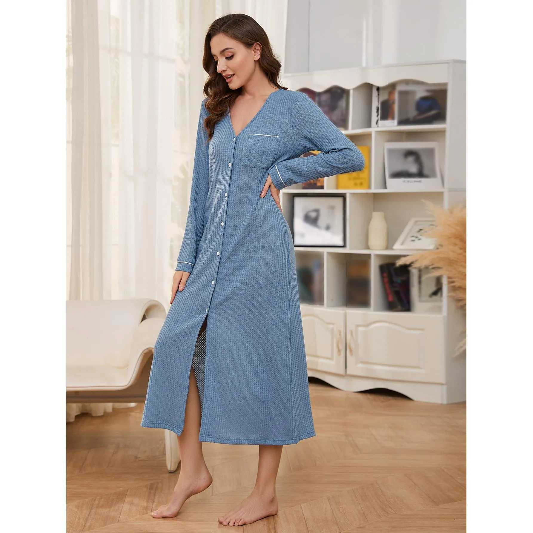 Long Sleeved Nightdress Women Autumn Winter Waffle Long Home Shirt Dress Can Be Worn outside