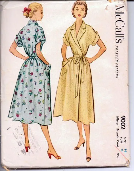 McCall's 9002 Vintage 1950's Sewing Pattern Ladies Wrap Housewife Hostess Dress Brunch Coat Robe