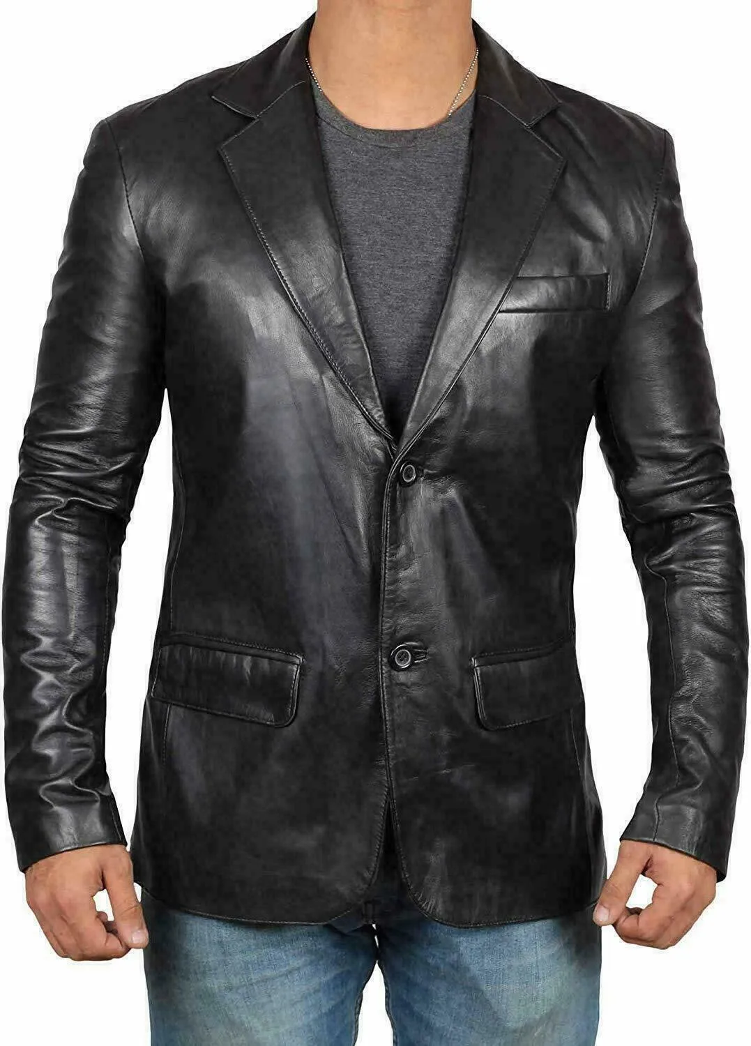 Mens Genuine Lambskin Leather Blazer Jacket Coat Two Button Black Slim Fit Coat