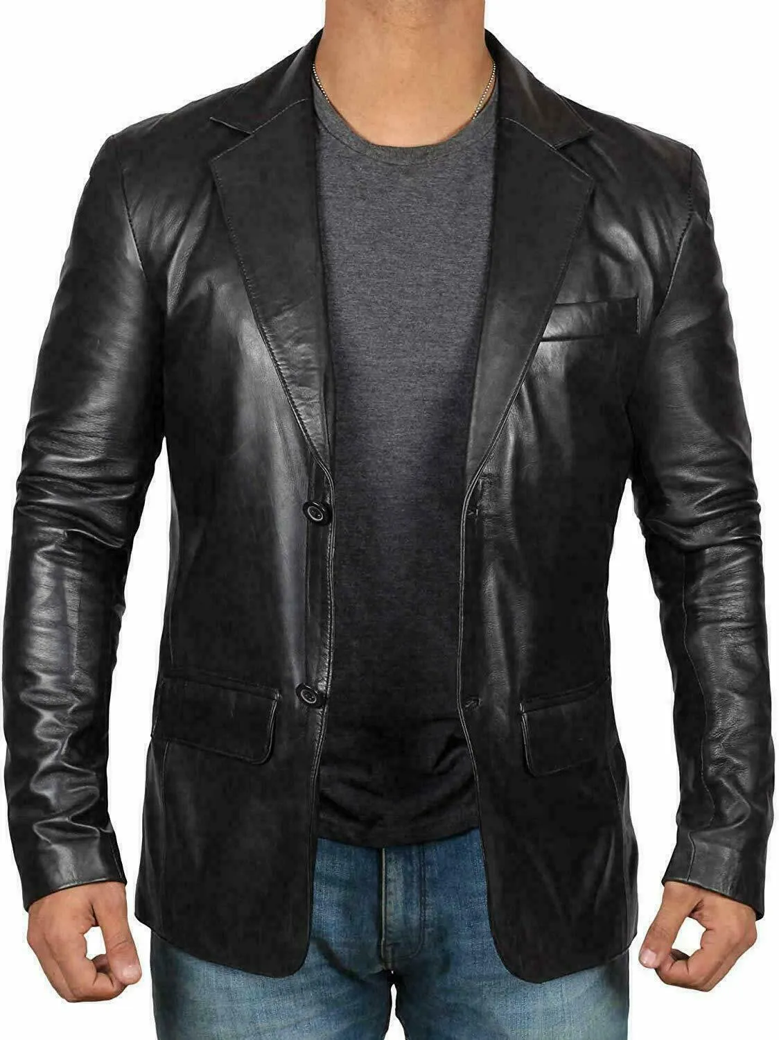 Mens Genuine Lambskin Leather Blazer Jacket Coat Two Button Black Slim Fit Coat