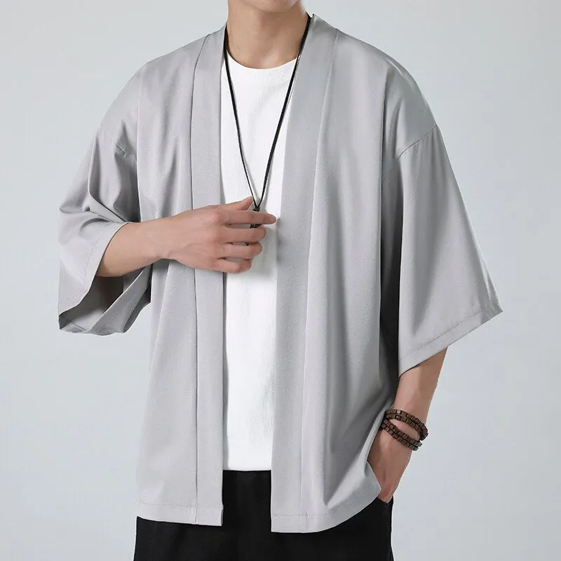 Men's Lightweight Kimono Jacket Seven Sleeve Open Front Cardigan Coat Japanese Style Bathrobe