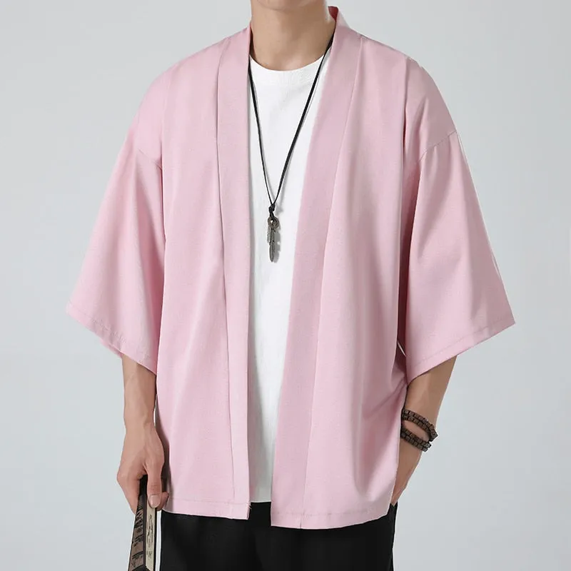 Men's Lightweight Kimono Jacket Seven Sleeve Open Front Cardigan Coat Japanese Style Bathrobe