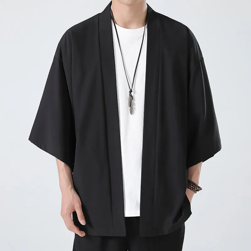 Men's Lightweight Kimono Jacket Seven Sleeve Open Front Cardigan Coat Japanese Style Bathrobe