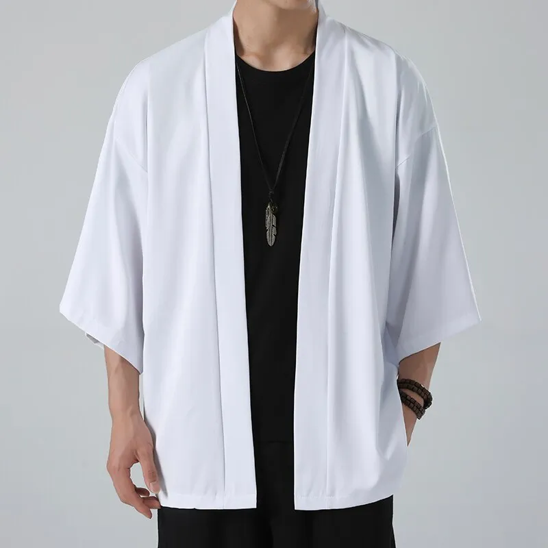 Men's Lightweight Kimono Jacket Seven Sleeve Open Front Cardigan Coat Japanese Style Bathrobe