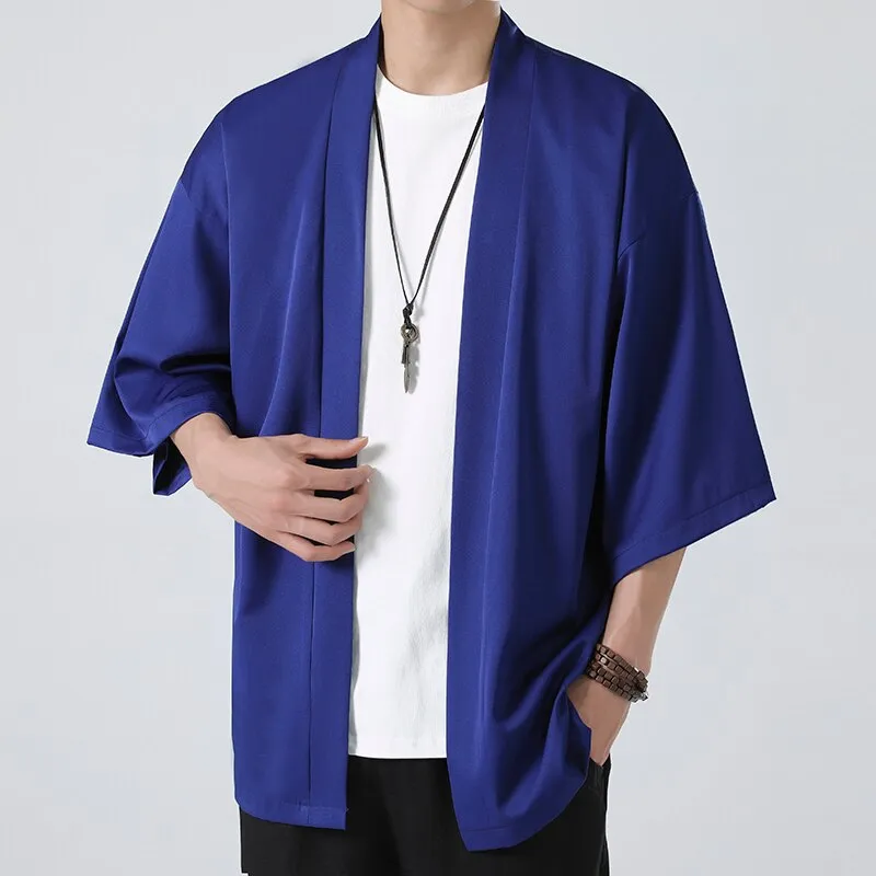 Men's Lightweight Kimono Jacket Seven Sleeve Open Front Cardigan Coat Japanese Style Bathrobe