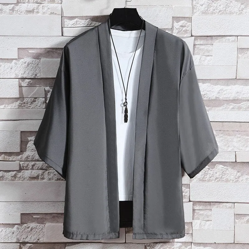 Men's Lightweight Kimono Jacket Seven Sleeve Open Front Cardigan Coat Japanese Style Bathrobe