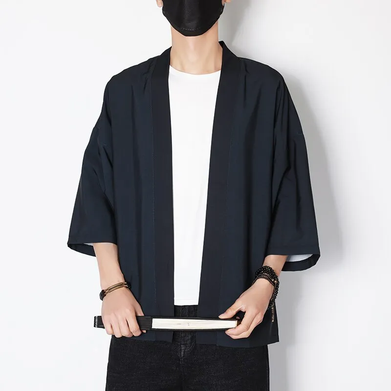 Men's Lightweight Kimono Jacket Seven Sleeve Open Front Cardigan Coat Japanese Style Bathrobe