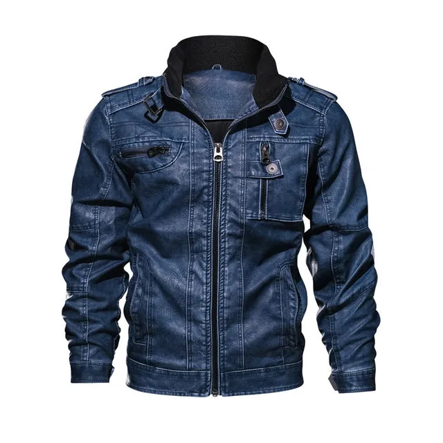 Mens PU Leather Moto jacket men Vintage Autumn Jackets Coat Stand Collar Windbreaker Jacket