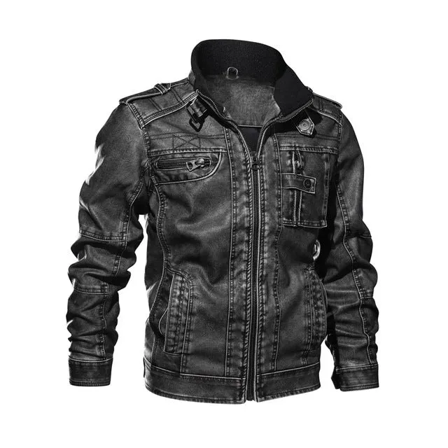 Mens PU Leather Moto jacket men Vintage Autumn Jackets Coat Stand Collar Windbreaker Jacket