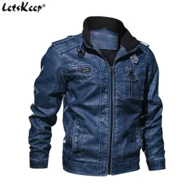 Mens PU Leather Moto jacket men Vintage Autumn Jackets Coat Stand Collar Windbreaker Jacket