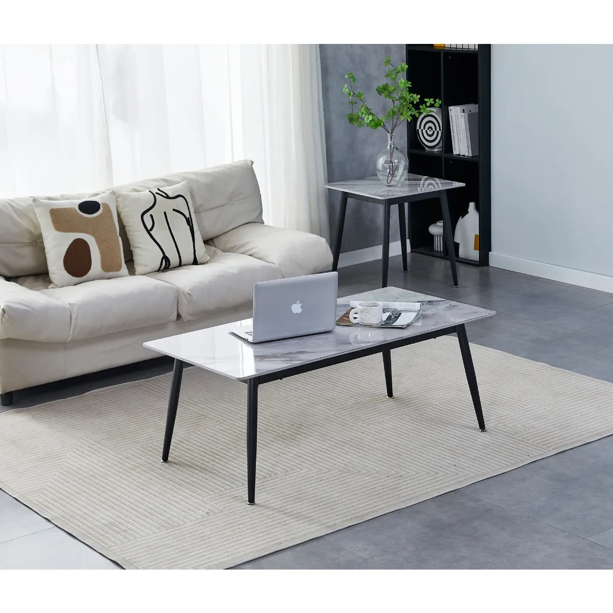 Modern Sintered Stone Coffee Table with Black Metal Legs