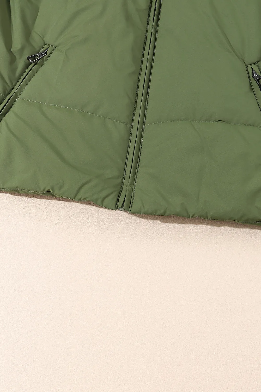 Moss Green Solid Zip Up Pocketed Puffer Coat