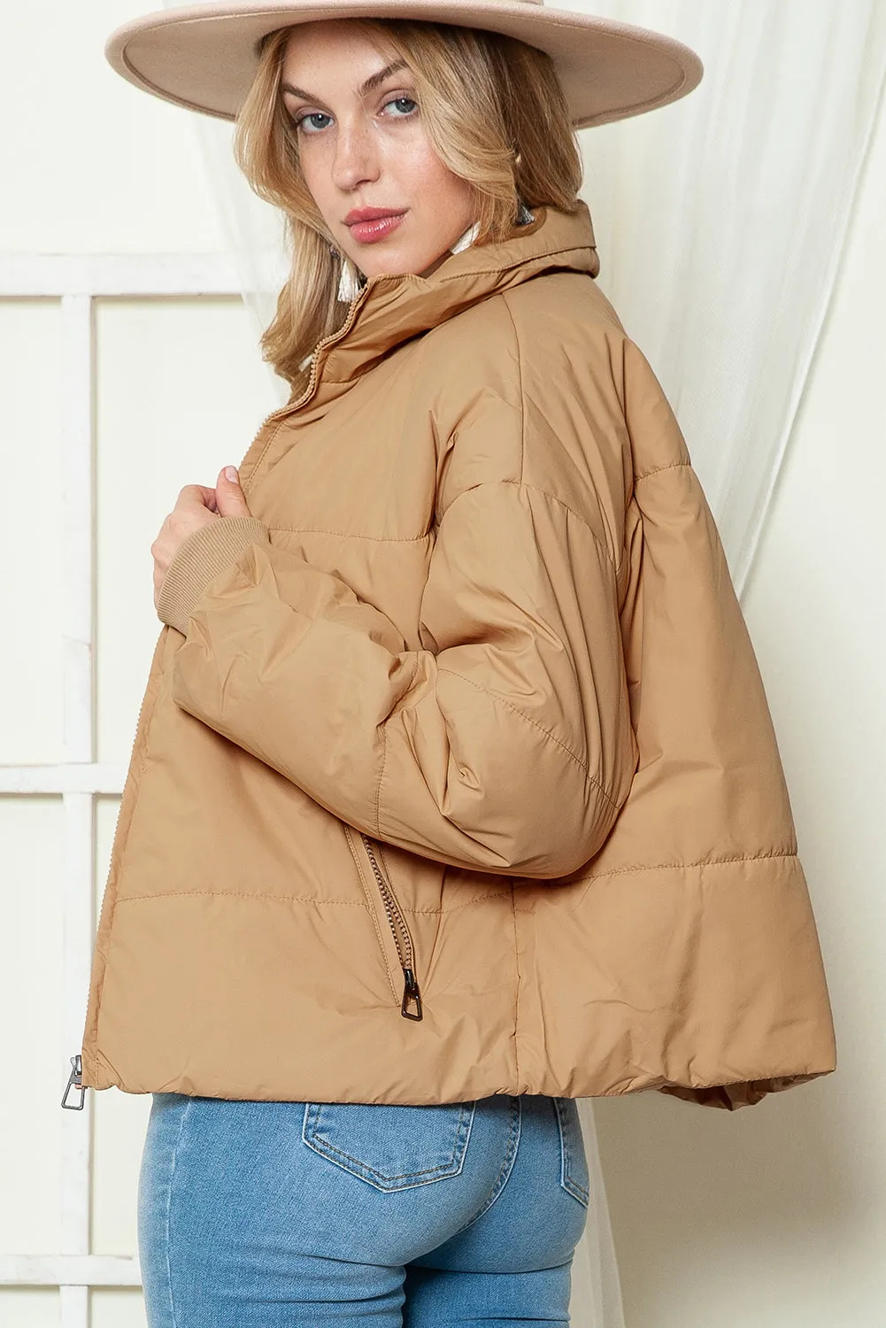 Moss Green Solid Zip Up Pocketed Puffer Coat