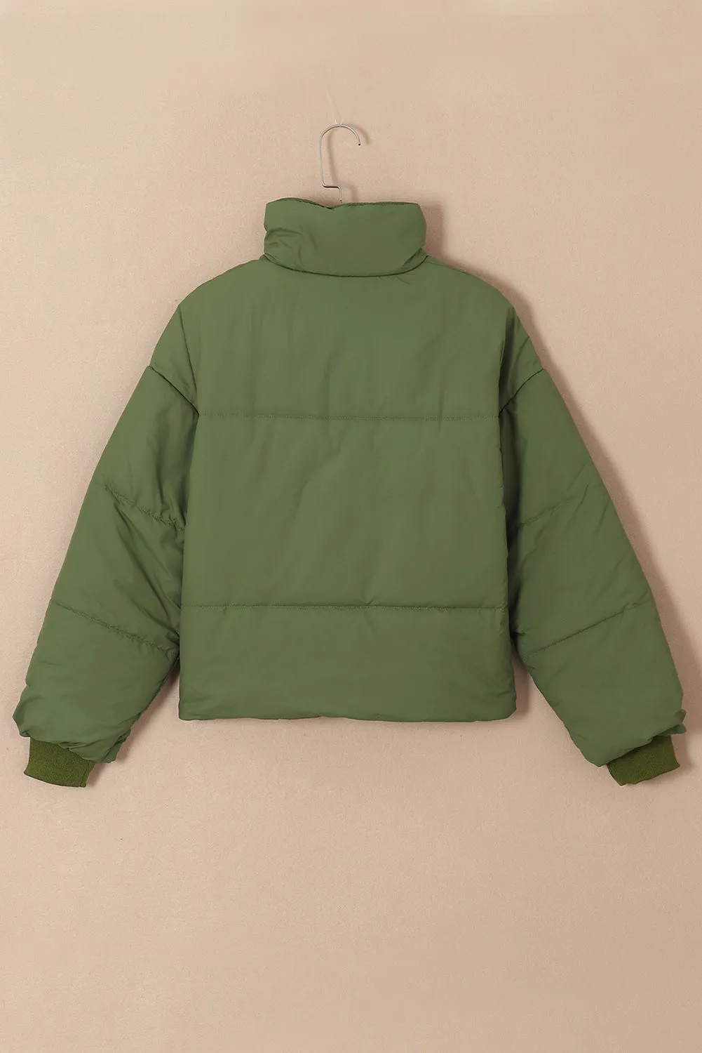 Moss Green Solid Zip Up Pocketed Puffer Coat