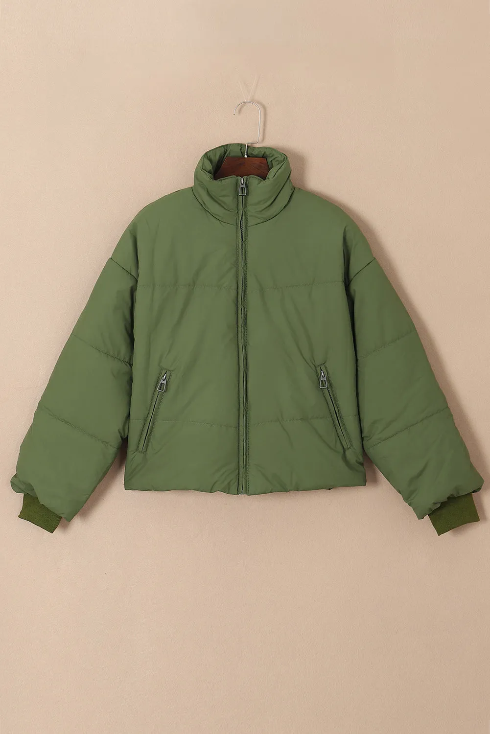 Moss Green Solid Zip Up Pocketed Puffer Coat