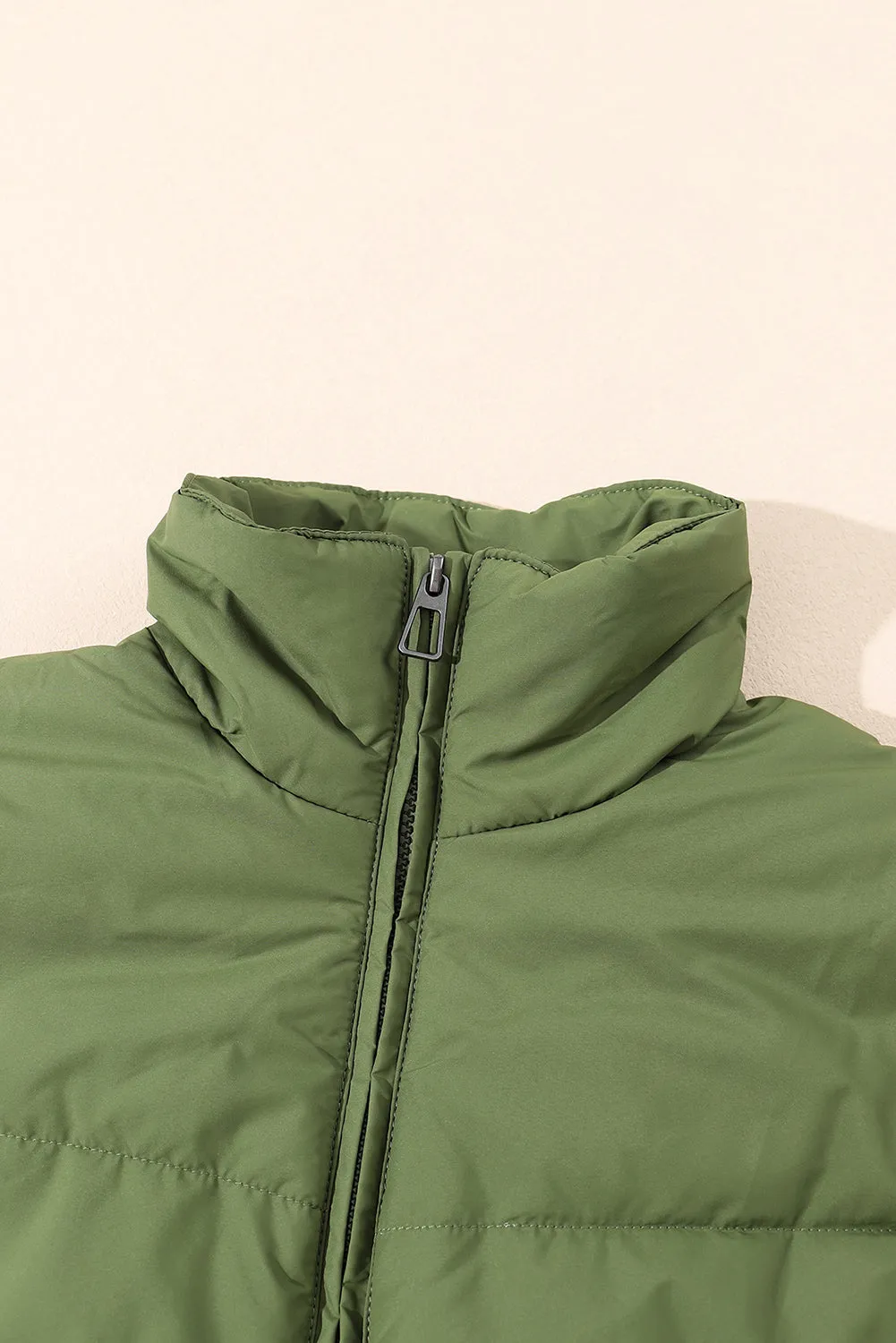 Moss Green Solid Zip Up Pocketed Puffer Coat