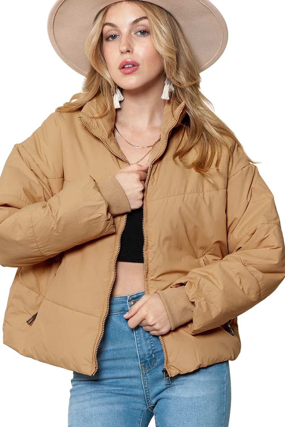 Moss Green Solid Zip Up Pocketed Puffer Coat