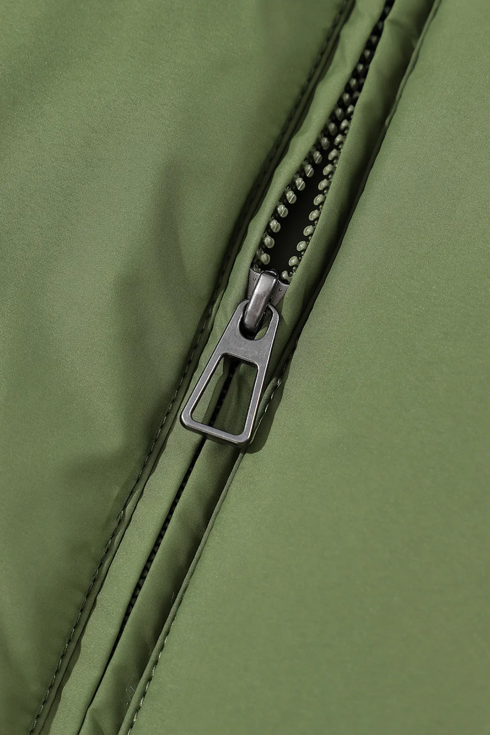 Moss Green Solid Zip Up Pocketed Puffer Coat