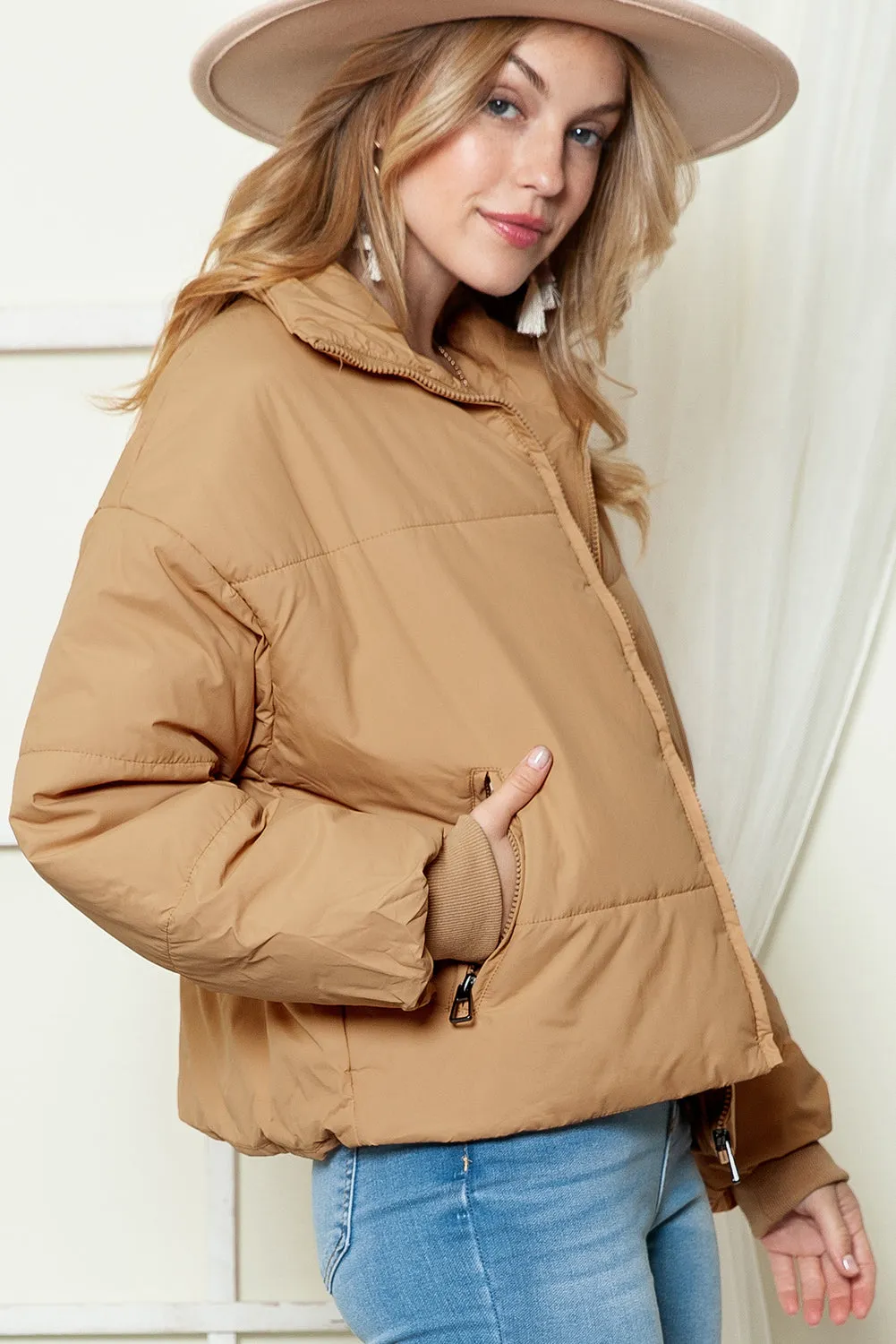 Moss Green Solid Zip Up Pocketed Puffer Coat