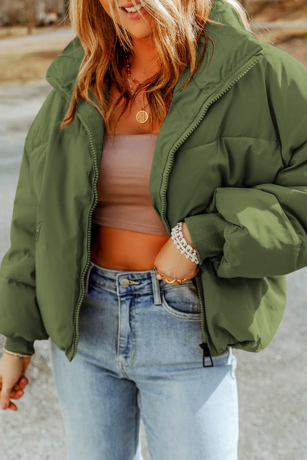 Moss Green Solid Zip Up Pocketed Puffer Coat