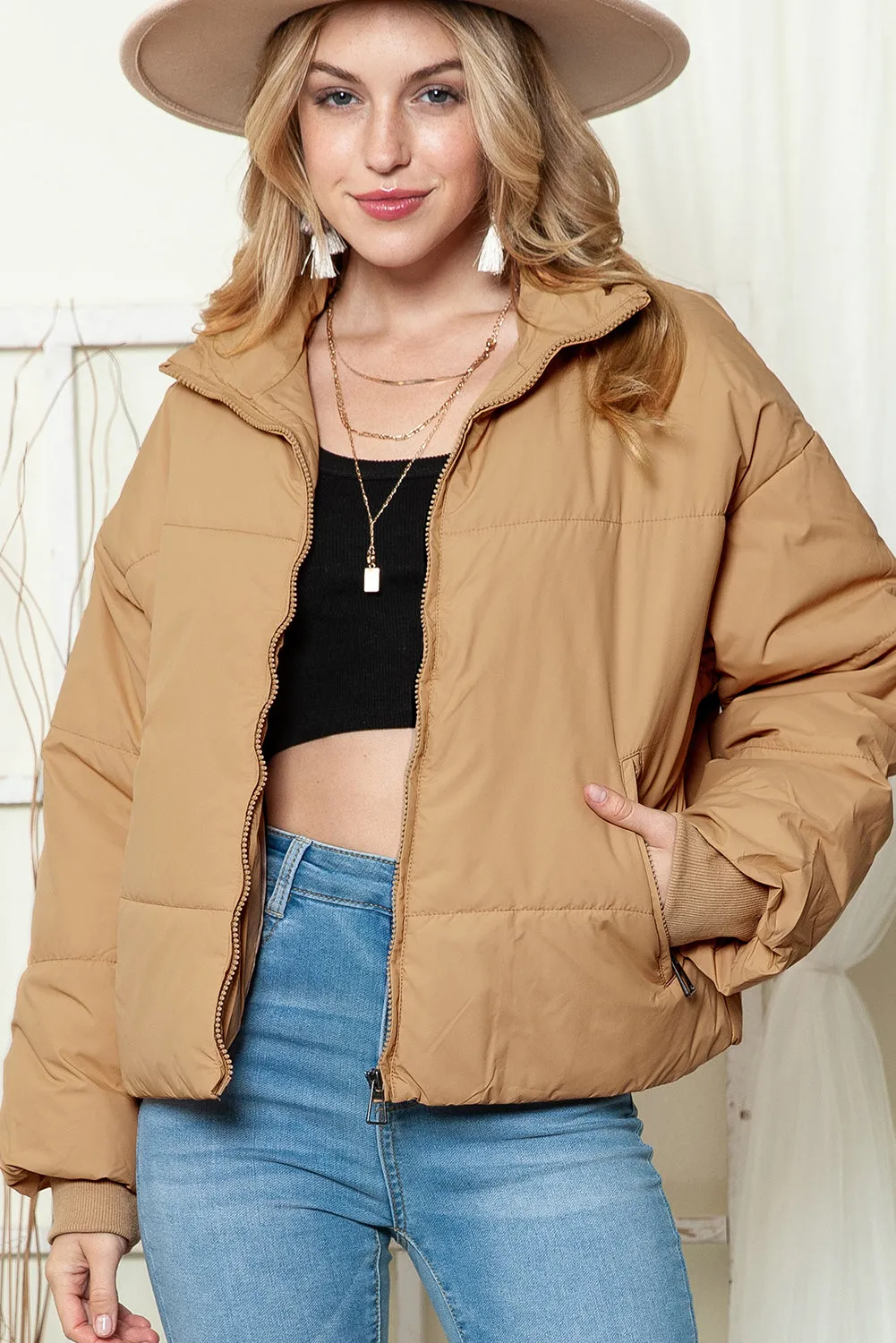 Moss Green Solid Zip Up Pocketed Puffer Coat