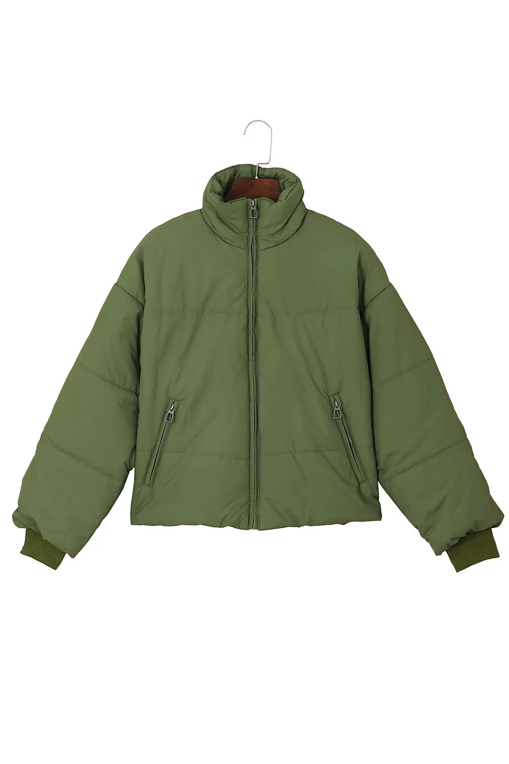 Moss Green Solid Zip Up Pocketed Puffer Coat