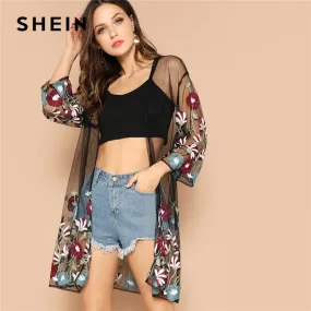 Multicolor Flower Embroidery Mesh Sheer Cardigan