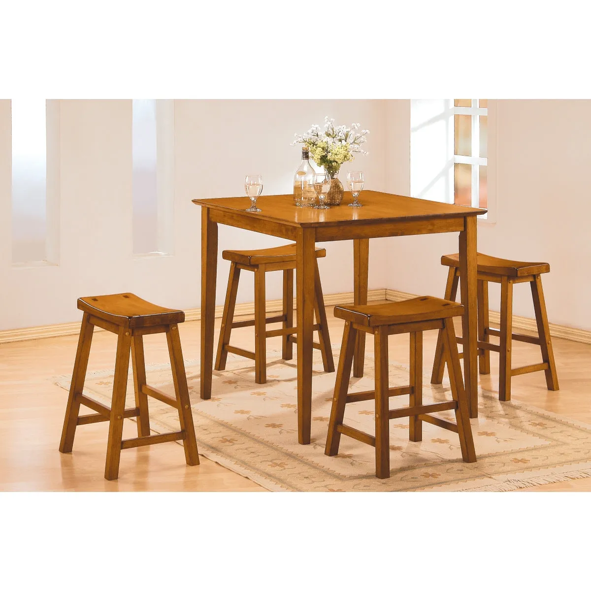 Oak Finish Solid Wood Dining Stool | 18" Chair Height | Set of 2