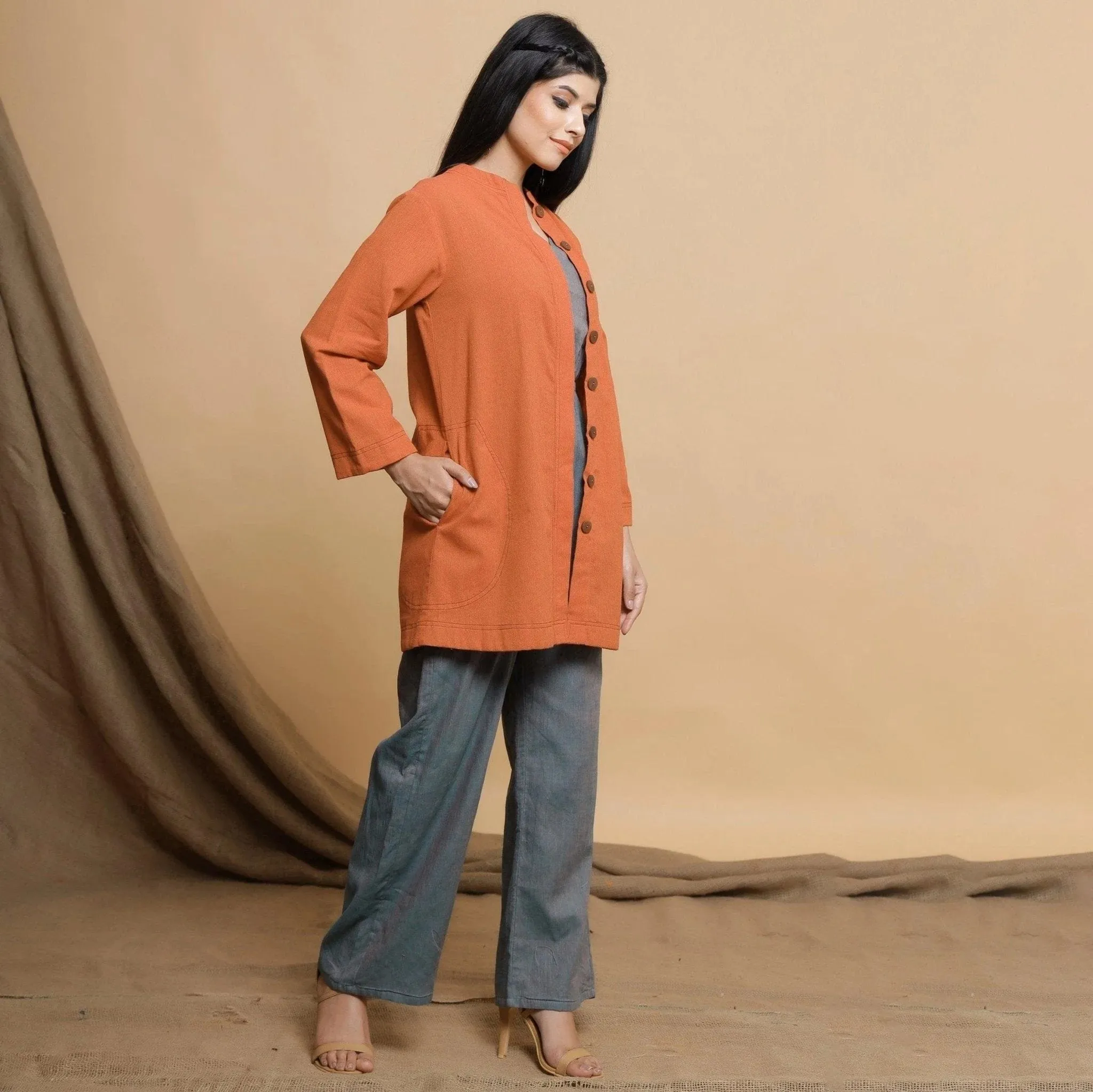 Orange Cotton High Neck Double Placket Coat