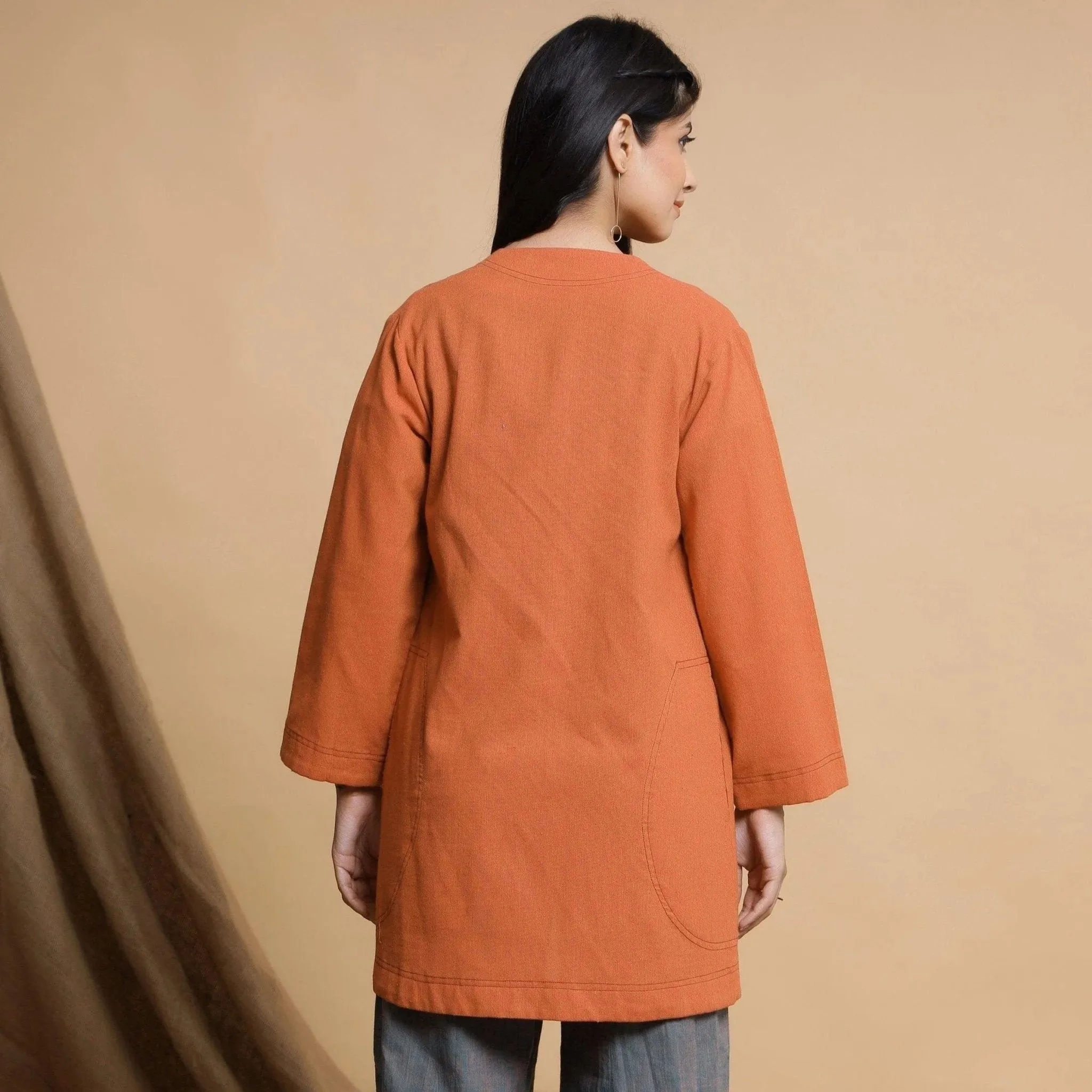 Orange Cotton High Neck Double Placket Coat