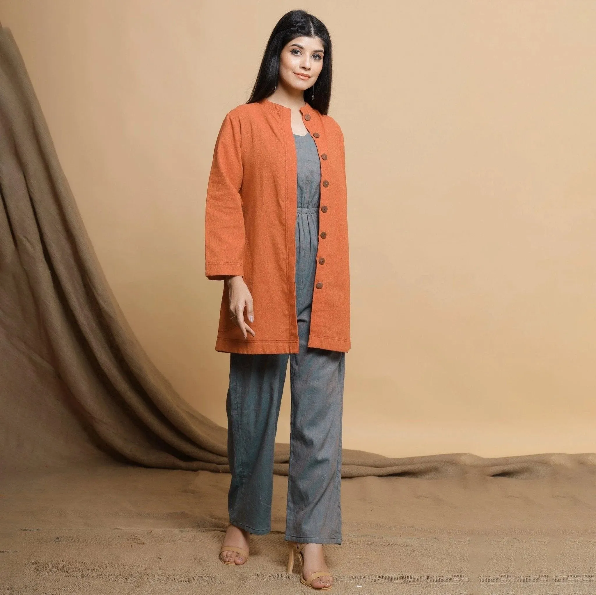 Orange Cotton High Neck Double Placket Coat