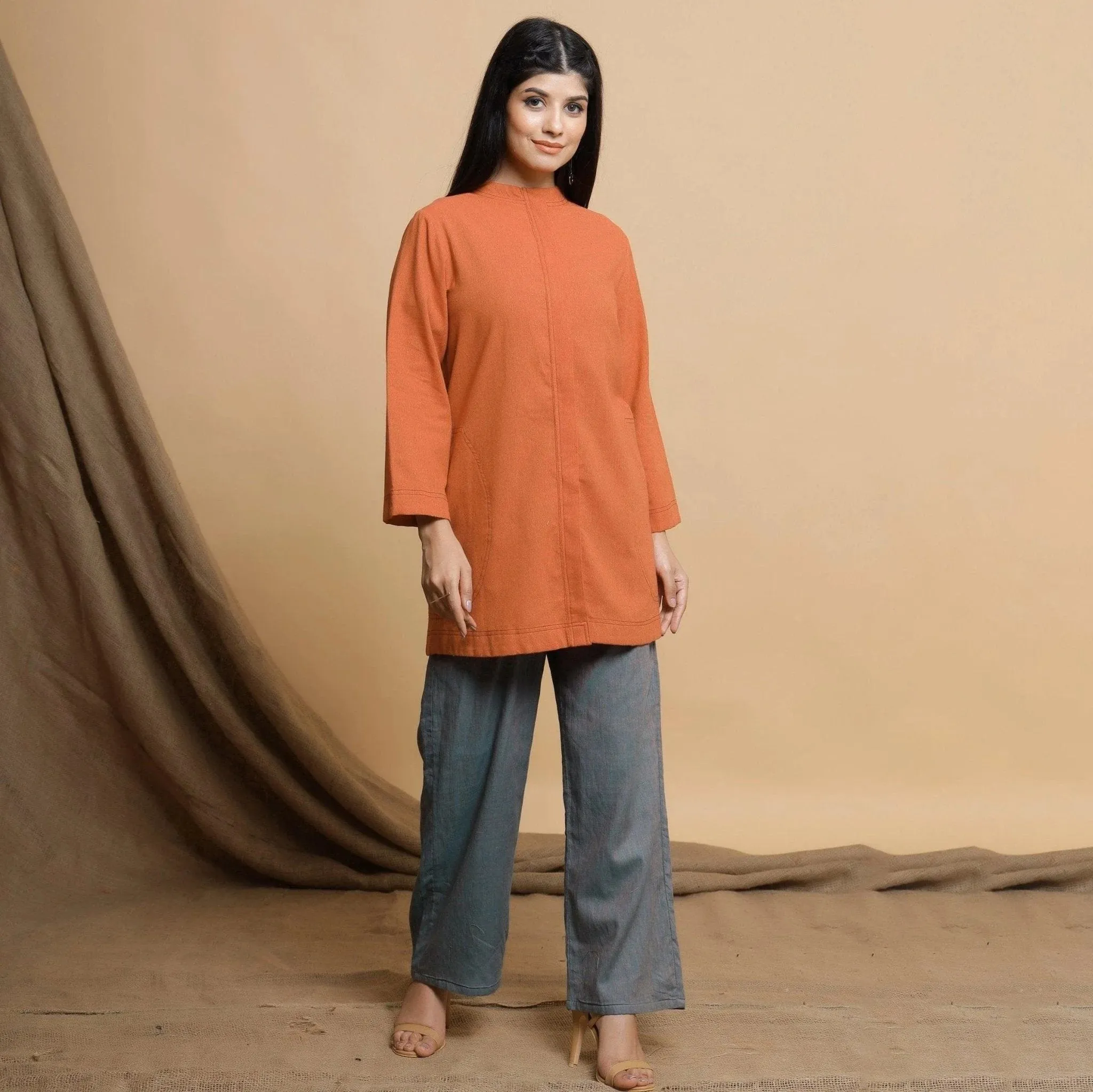 Orange Cotton High Neck Double Placket Coat