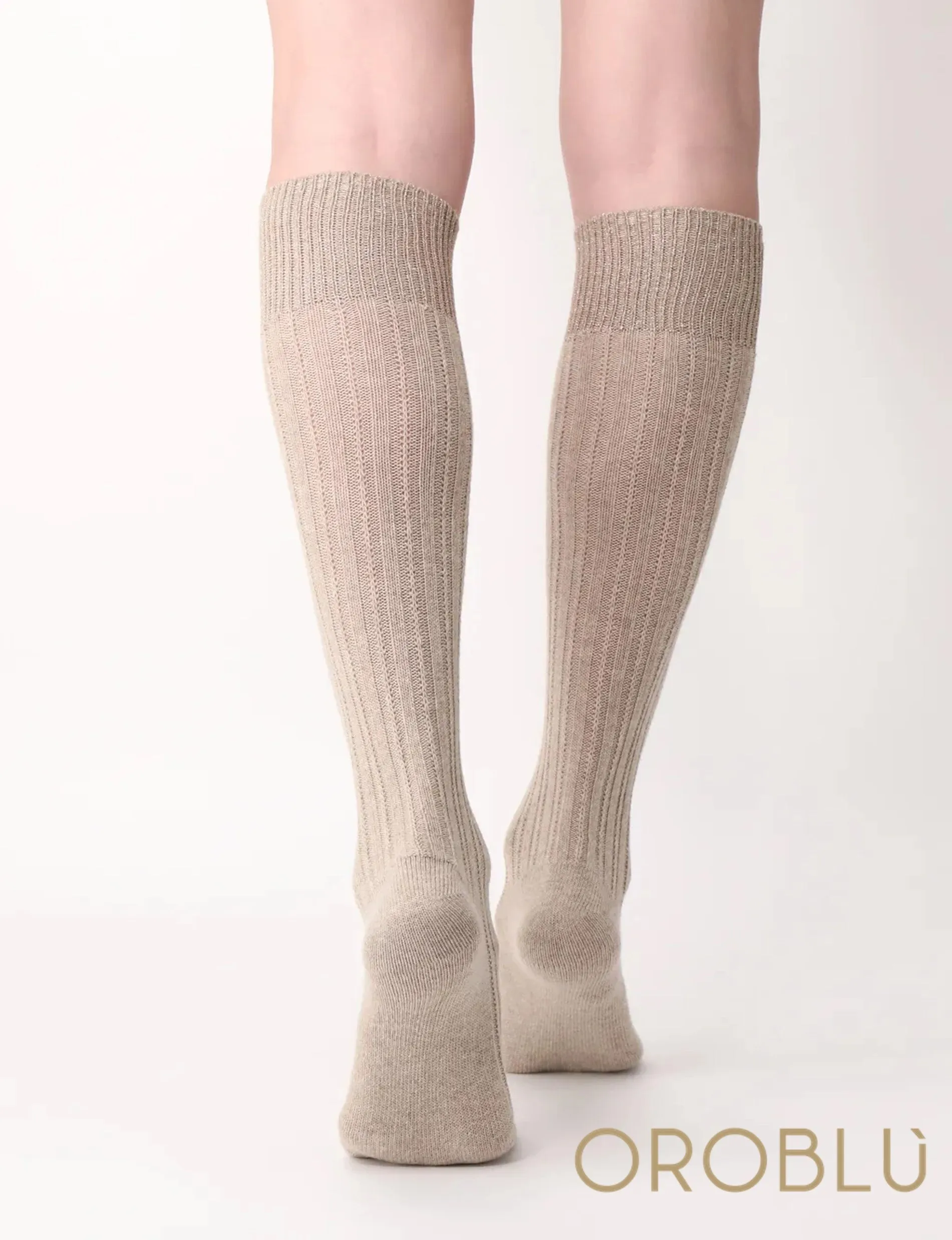 Oroblu Jasmine Aplaca Wool & Cotton Knee High Socks Beige Melange VOBFAF10K0